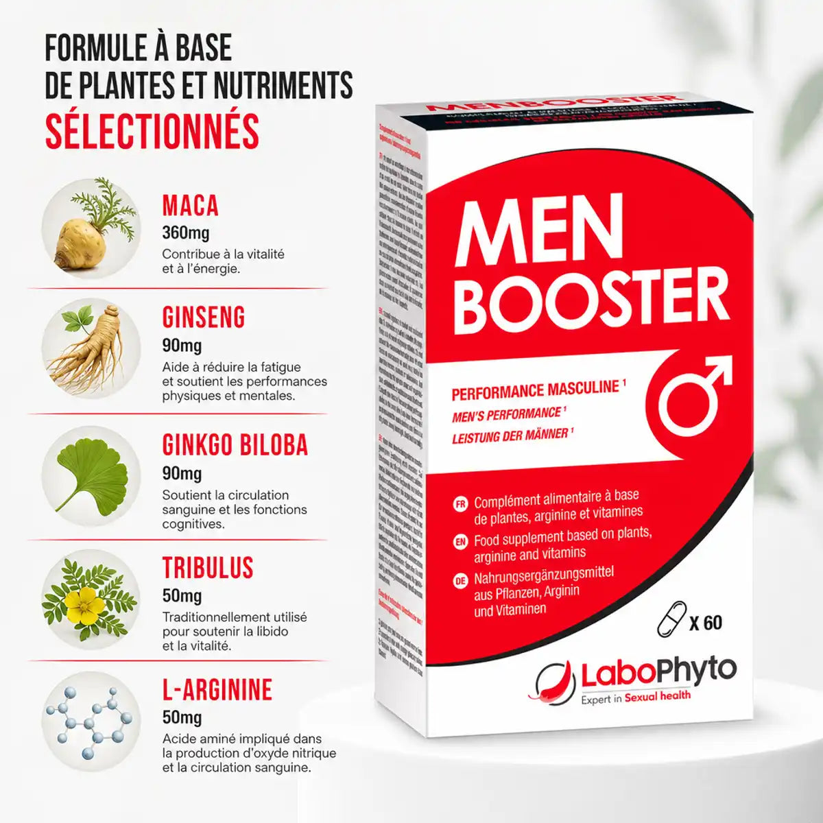Menbooster Labophyto boîte complément alimentaire avec ingrédients Maca Ginseng Ginkgo Biloba Tribulus L-Arginine