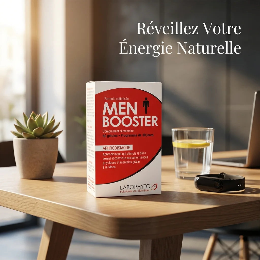 Menbooster Labophyto 60 gélules stimulant libido sur bureau wellness avec plante