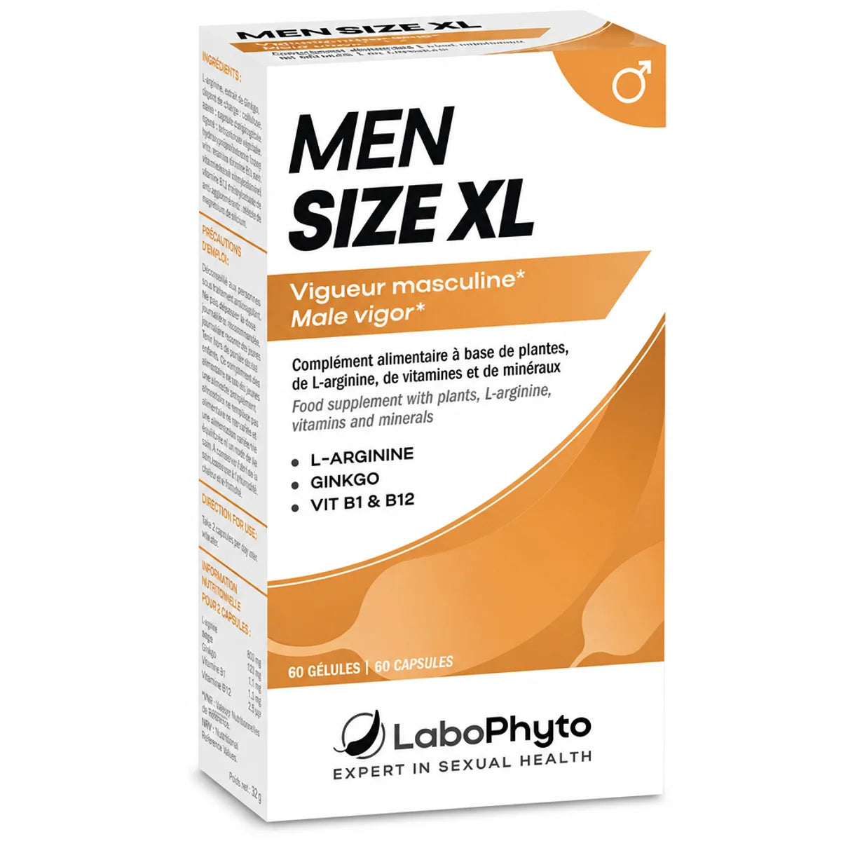 MenSize XL 60 gélules Labophyto - Boîte blanche et orange sur fond blanc