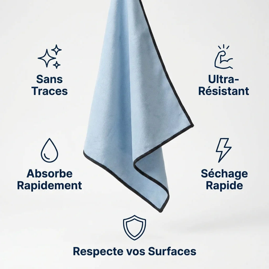 Microfibre Pimpant extra-fine bleue avec 5 bénéfices : sans traces, absorption rapide, ultra-résistant, séchage rapide, respecte surfaces