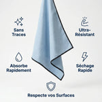 Microfibre Pimpant extra-fine bleue avec 5 bénéfices : sans traces, absorption rapide, ultra-résistant, séchage rapide, respecte surfaces