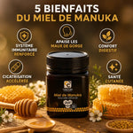 Miel de Manuka IAA 10+ 250g avec infographie des bienfaits santé et rayon de miel