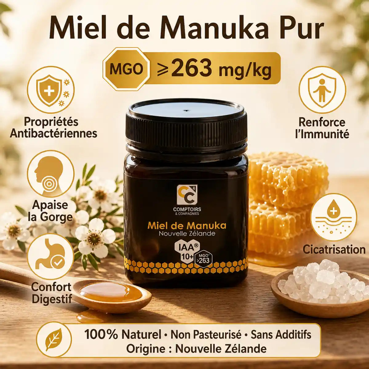 Miel de Manuka IAA 10+ 250g en pot verre foncé avec étiquette or, propriétés antibactériennes et immunité
