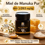Miel de Manuka IAA 10+ 250g en pot verre foncé avec étiquette or, propriétés antibactériennes et immunité