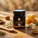 Miel de Manuka IAA 10+ 250g Comptoirs et compagnies sur surface bois avec fleurs