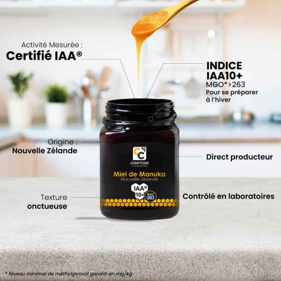 Les bienfaits du miel de Manuka IAA 10+ de 250 g de la marque Comptoirs et compagnies