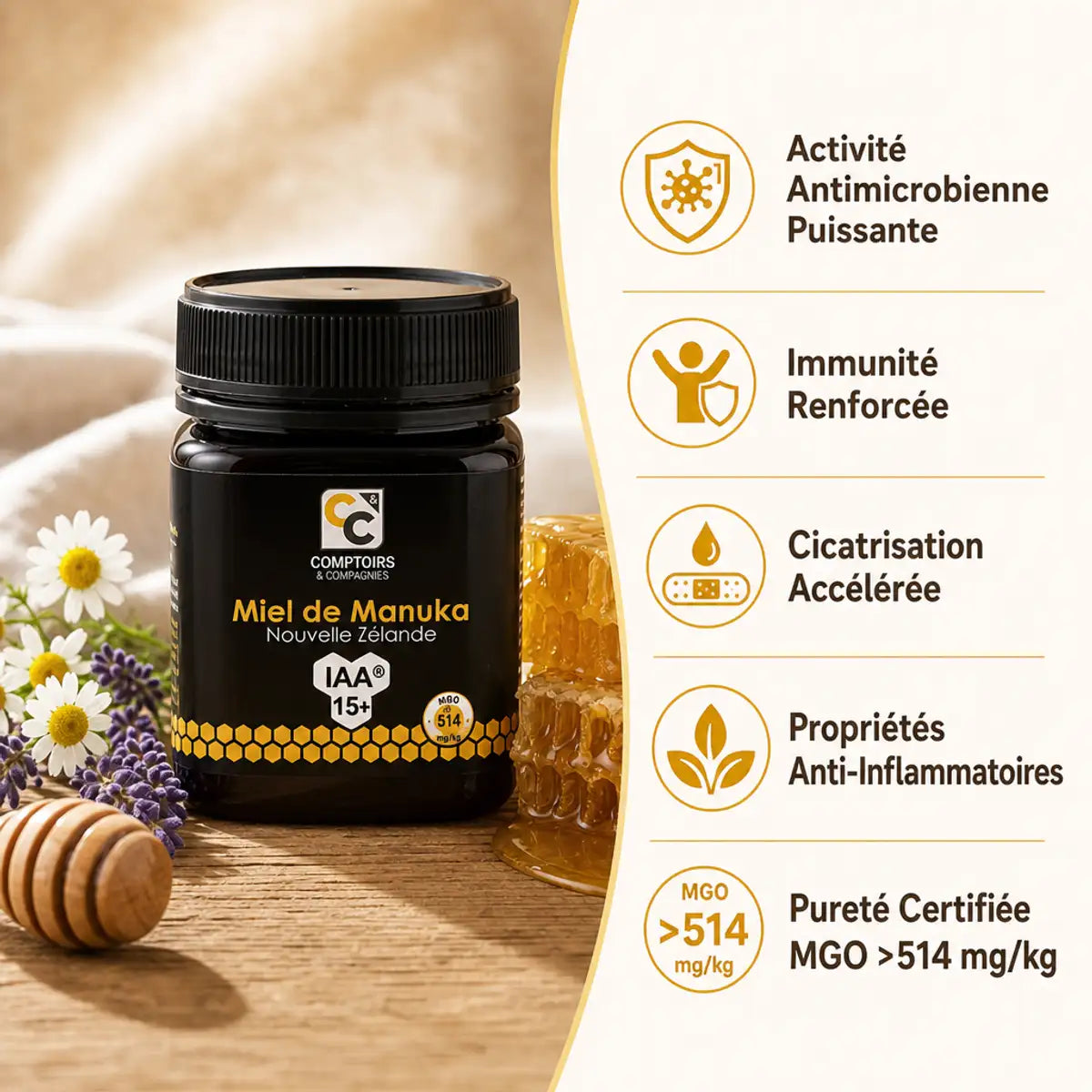 Pot de miel de Manuka IAA 15+ 250g avec infographie des bénéfices pour la santé et l'immunité