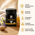 Pot de miel de Manuka IAA 15+ 250g avec infographie des bénéfices pour la santé et l'immunité