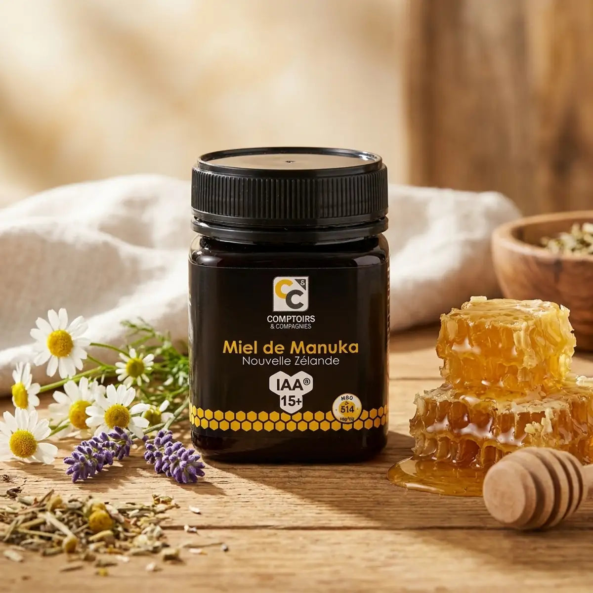 Miel de Manuka IAA 15+ 250g Comptoirs et Compagnies pot verre avec rayon miel