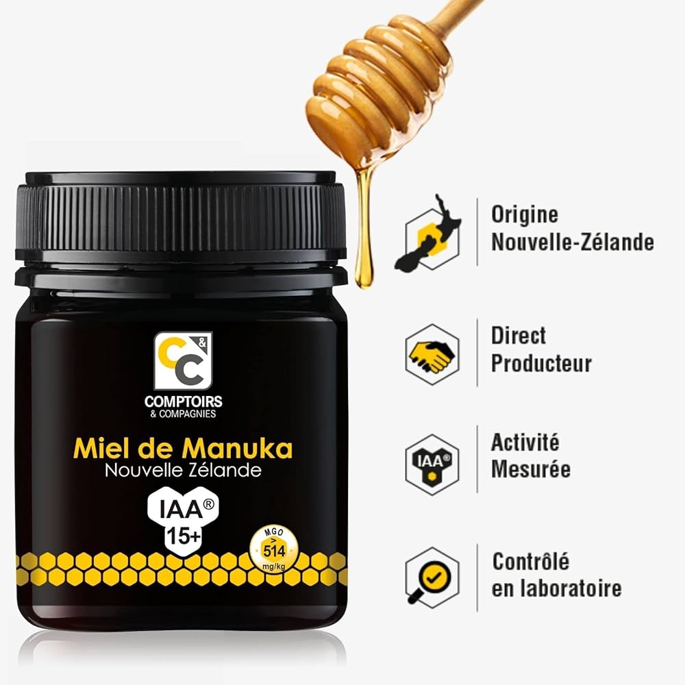 La composition et les bienfaits du miel de Manuka IAA 15+ de 250 g de la marque Comptoirs et compagnies