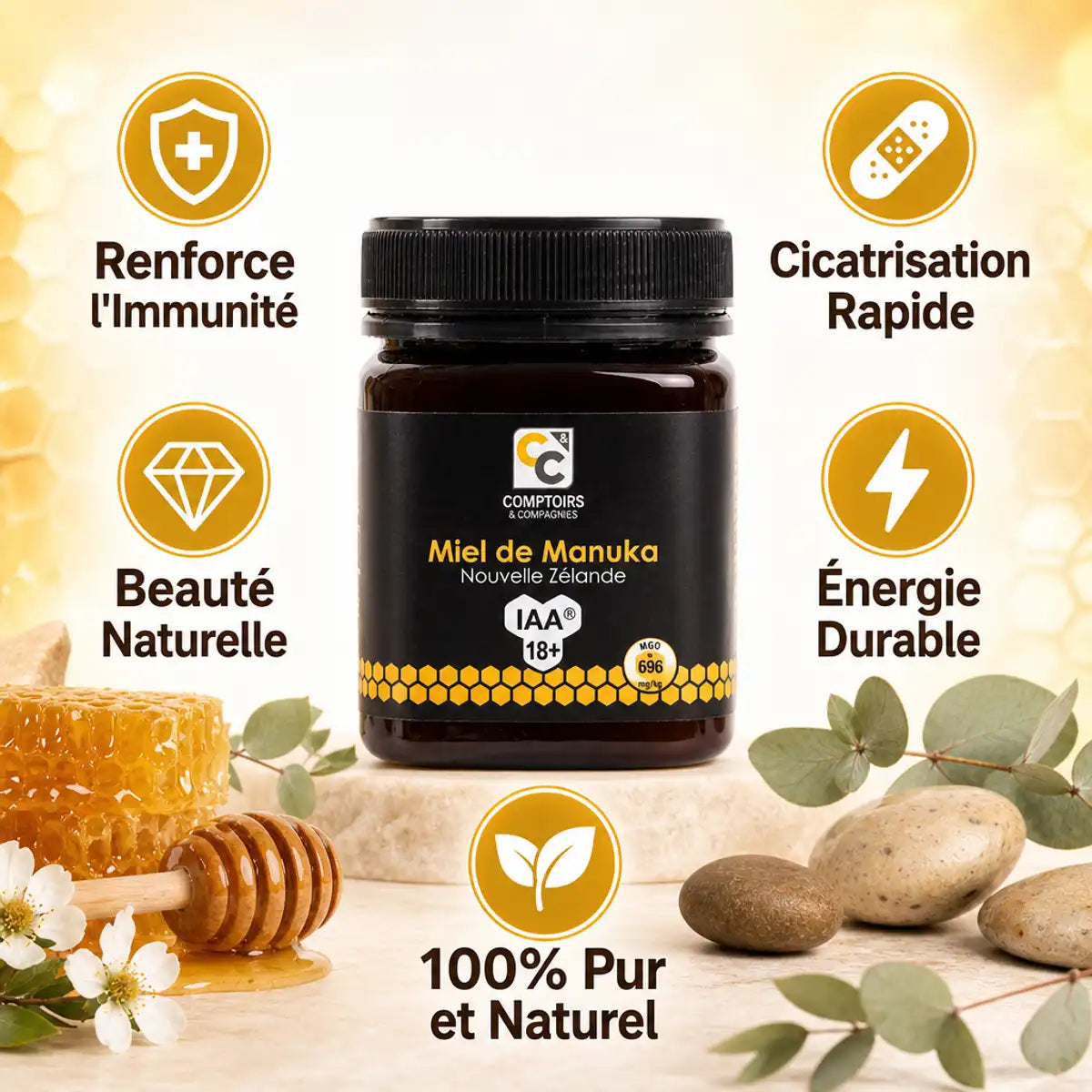 Miel de Manuka IAA 18+ 250g Comptoirs et compagnies avec bénéfices immunité et cicatrisation