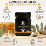Miel de Manuka IAA 18+ 250g avec guide d'utilisation en 4 étapes et certifications visibles