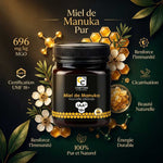 Miel de Manuka IAA 18+ 250g pot verre fond noir studio avec infographie bienfaits