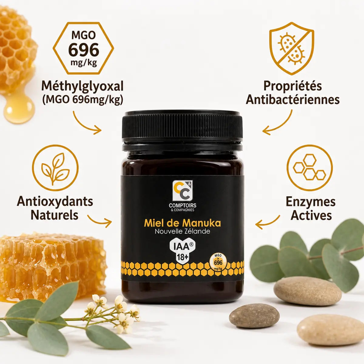 Miel de Manuka IAA 18+ 250g avec infographies propriétés antibactériennes et MGO 696mg/kg