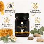 Miel de Manuka IAA 18+ 250g avec infographies propriétés antibactériennes et MGO 696mg/kg