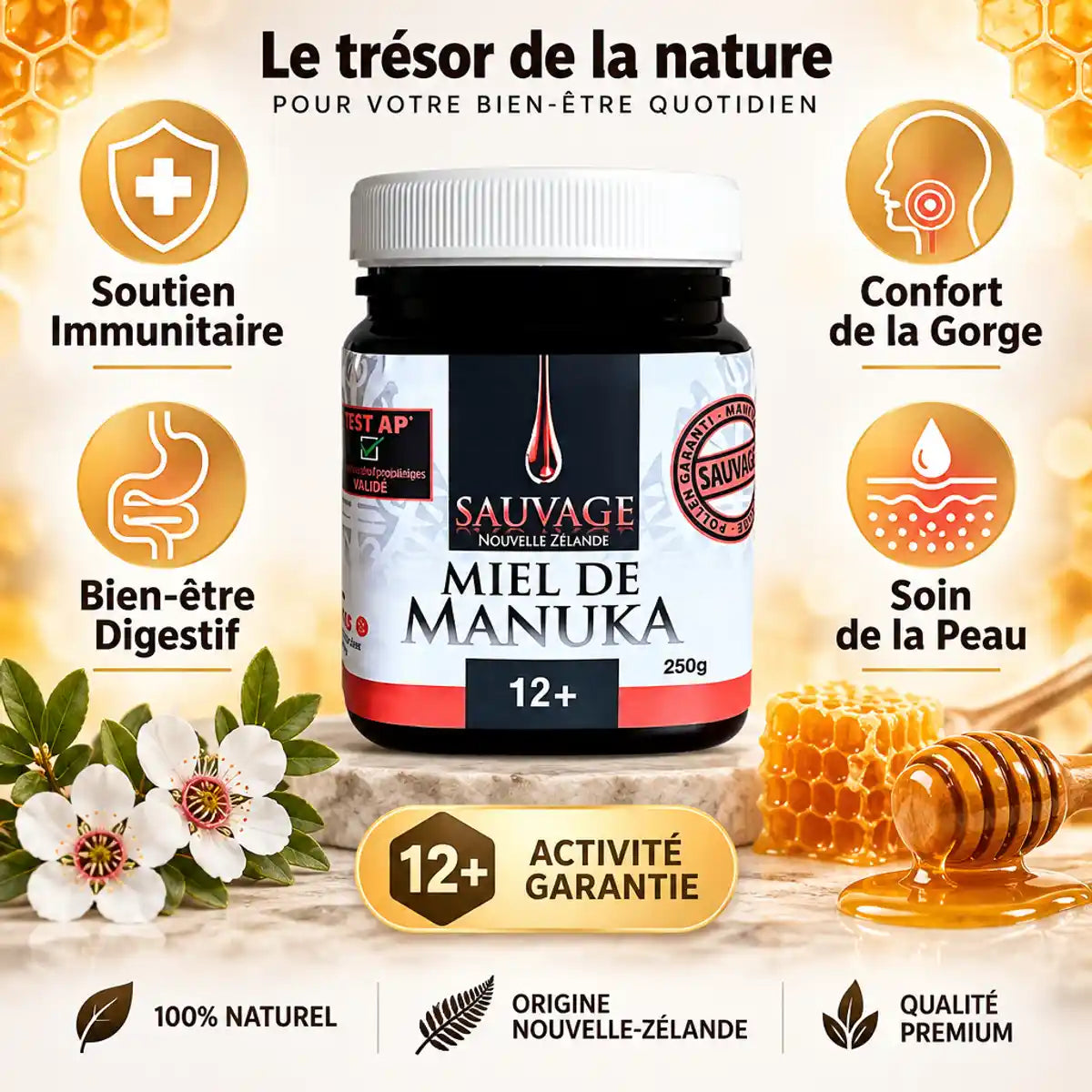 Miel de Manuka Sauvage 12+ Dr. Theiss avec ses 4 bénéfices : immunité, gorge, digestion, peau