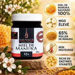 Miel de Manuka Sauvage 12+ Dr. Theiss, pot avec infographie composition MGO élevé et pollen