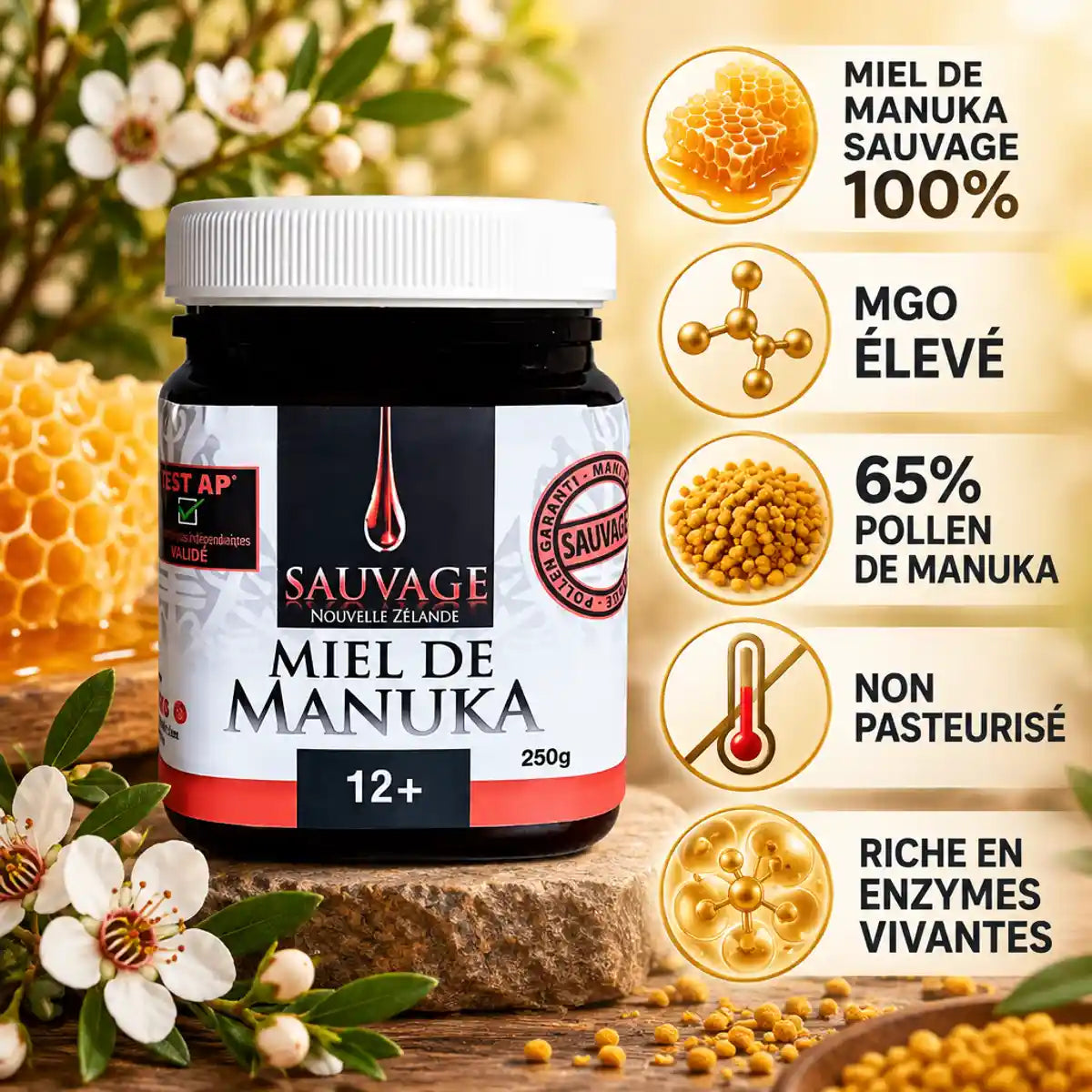 Miel de Manuka Sauvage 12+ Dr. Theiss, pot avec infographie composition MGO élevé et pollen