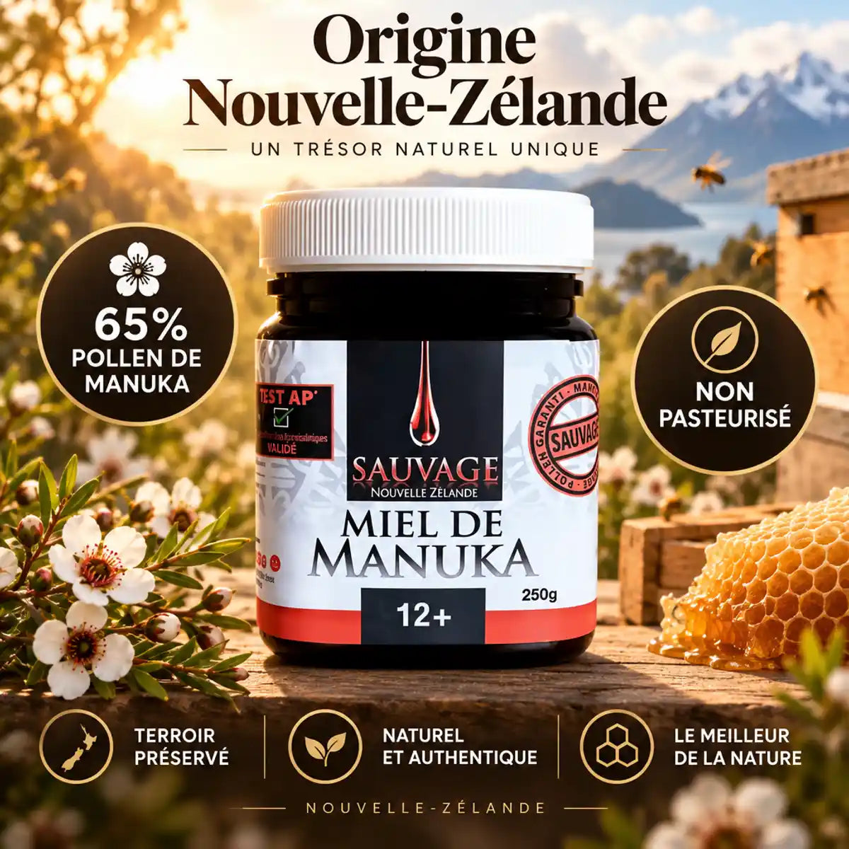 Miel de Manuka 12+ Dr. Theiss en pot noir, fleurs Manuka sauvage, Nouvelle-Zélande