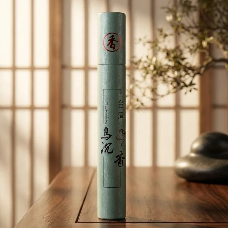 Mini bâtons d'encens Bois d'Agar dans packaging celadon sur surface bois, ambiance zen