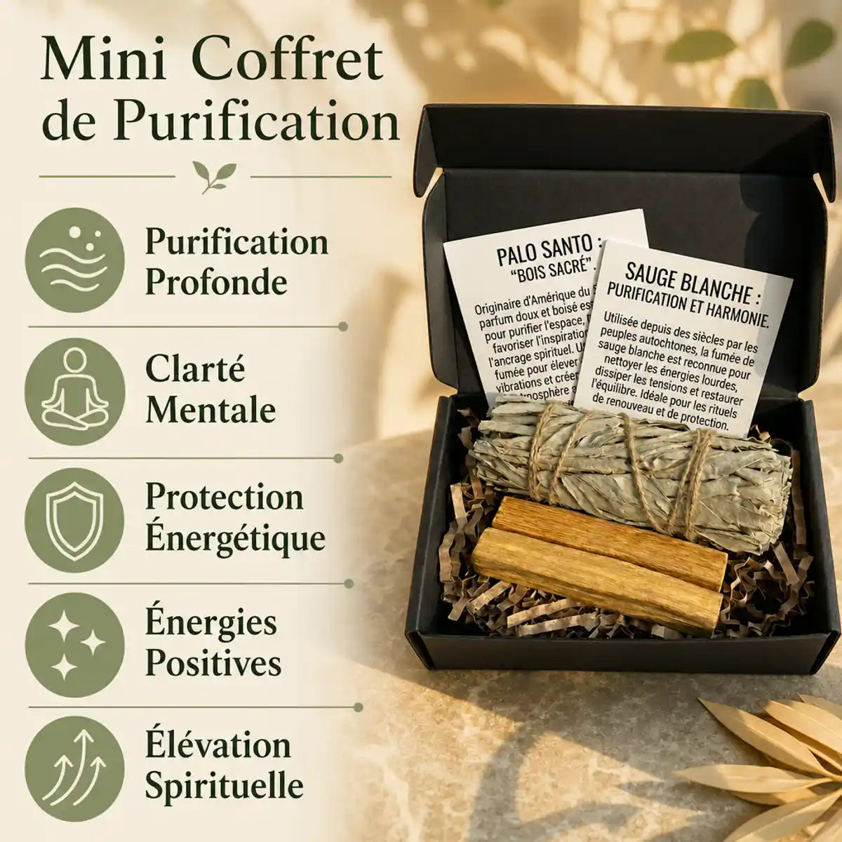 Mini Coffret de Purification avec Sauge Blanche et Palo Santo, bénéfices spirituels