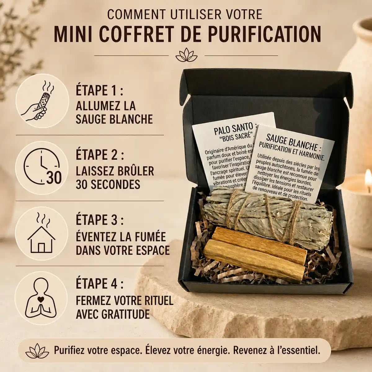 Mini coffret de purification avec sauge blanche et palo santo, guide d'utilisation en 4 étapes illustrées