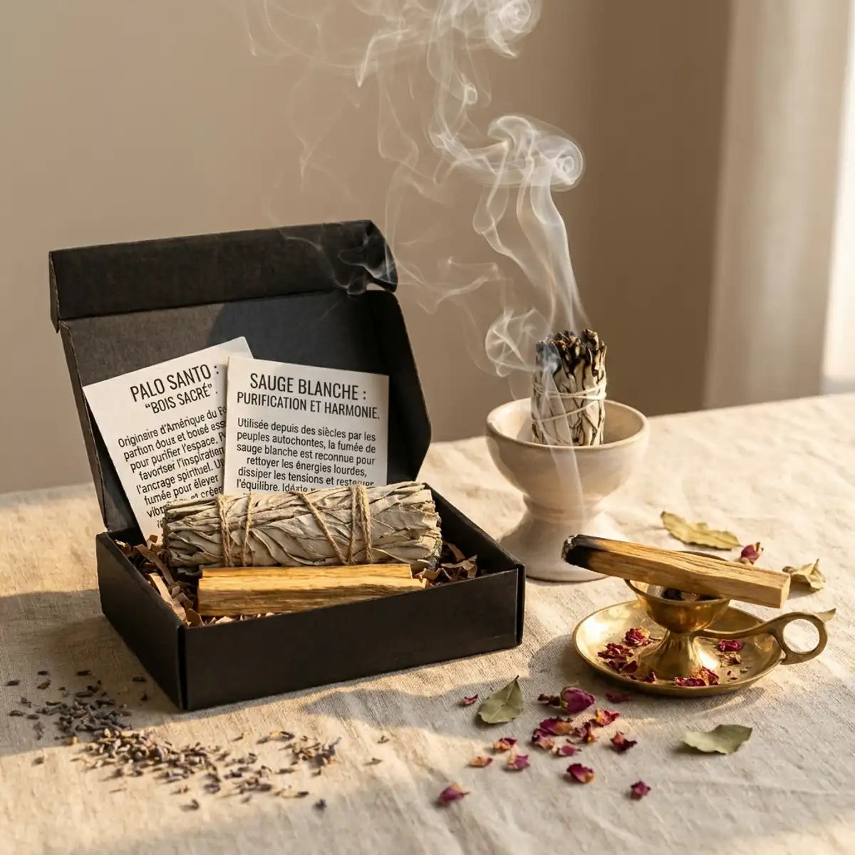 Mini coffret purification sauge blanche palo santo fumant dans brûleurs céramique, smoke rituel bien-être