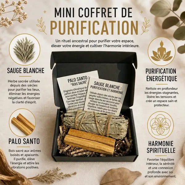 Mini coffret de purification avec sauge blanche et palo santo, rituels énergétiques