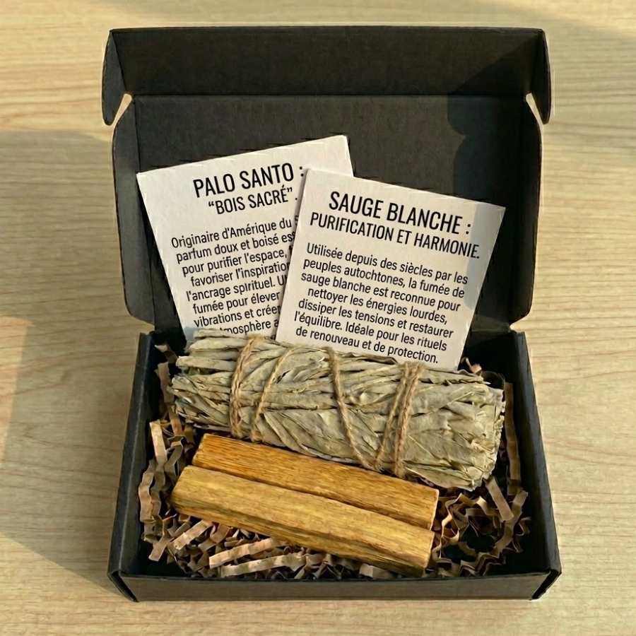 Mini coffret de purification contenant une sauge et 2 bâtons de palo santo