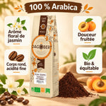 Paquet de café Dagobert Moka Sidamo 100% Arabica bio moulu 500g, notes florales de jasmin, fruitées et corps rond