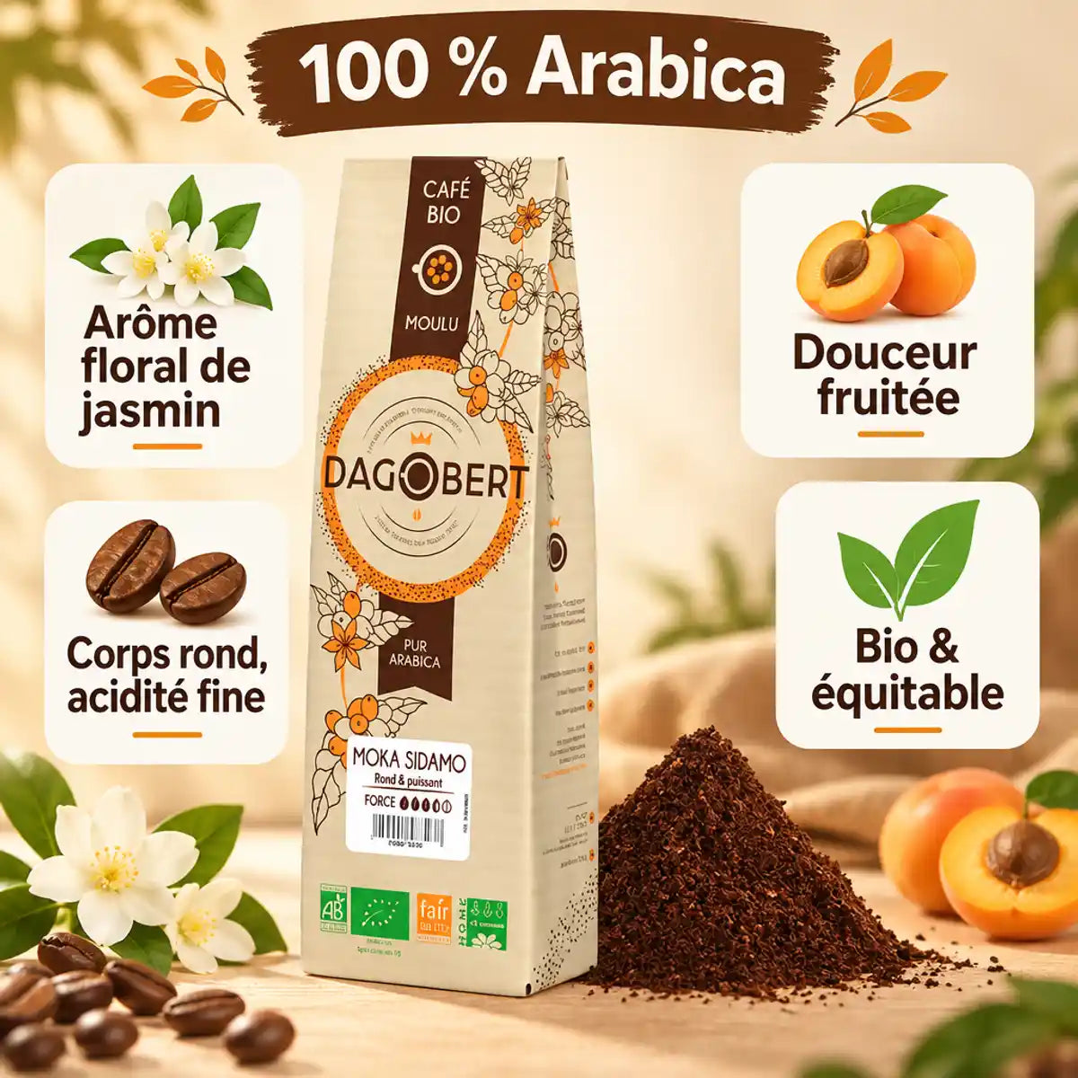 Paquet de café Dagobert Moka Sidamo 100% Arabica bio moulu 500g, notes florales de jasmin, fruitées et corps rond