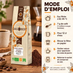 Café Moka Sidamo Bio 100% Arabica moulu 500g Dagobert, avec mode d'emploi en 6 étapes pour une infusion parfaite
