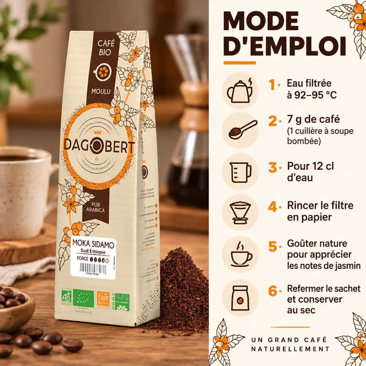 Café Moka Sidamo Bio 100% Arabica moulu 500g Dagobert, avec mode d'emploi en 6 étapes pour une infusion parfaite