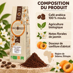 Café Moka Sidamo 100% arabica bio moulu 500g, packaging Dagobert, avec infographie sur les notes florales de jasmin et la région de Sidama, Éthiopie