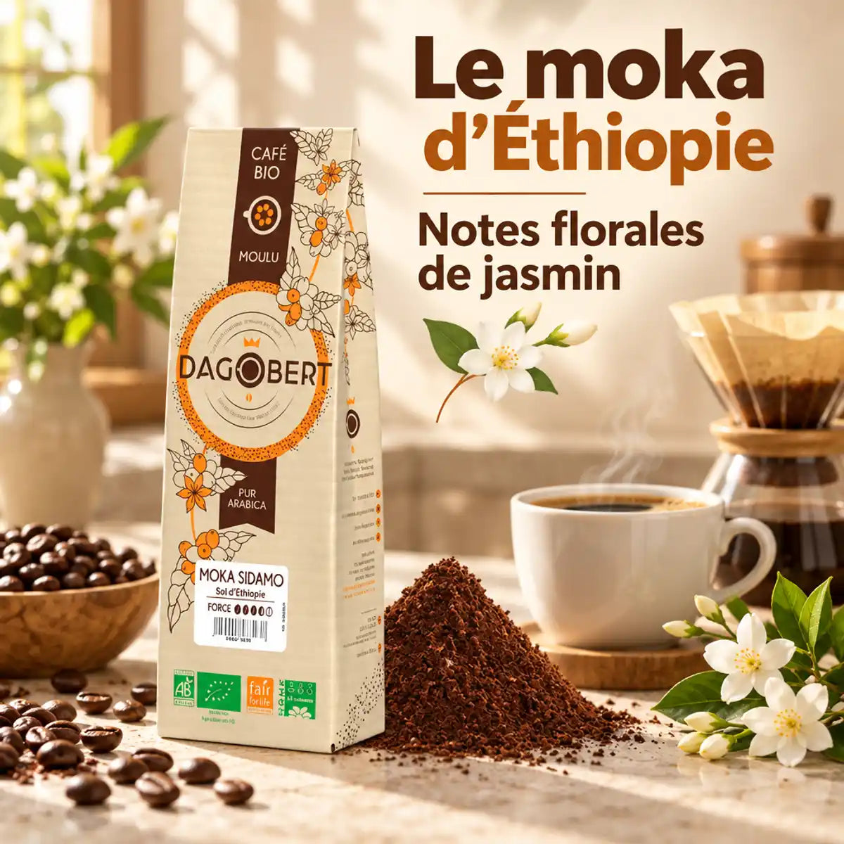 Paquet de café Moka Sidamo Dagobert 500g sur un comptoir de cuisine, tasse de café, grains torréfiés et fleurs de jasmin