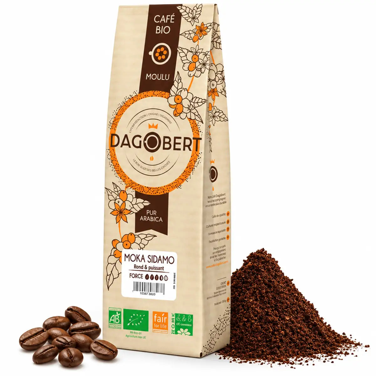 Sachet kraft Dagobert Moka Sidamo 500g, café moulu 100% arabica bio, avec badges AB et Fairtrade sur fond blanc