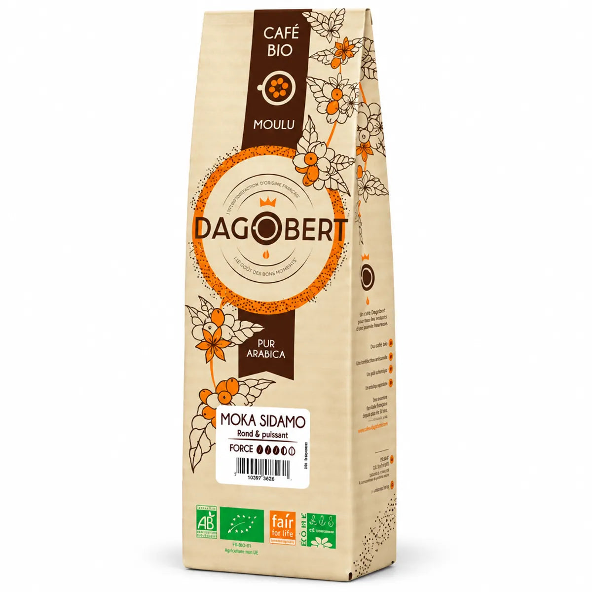 Sachet kraft beige Dagobert Moka Sidamo café bio moulu 500g, 100% arabica sur fond blanc