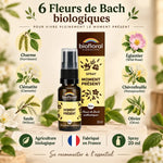 Spray Moment Présent Biofloral 20ml avec 6 fleurs de Bach biologiques sur fond blanc minimaliste