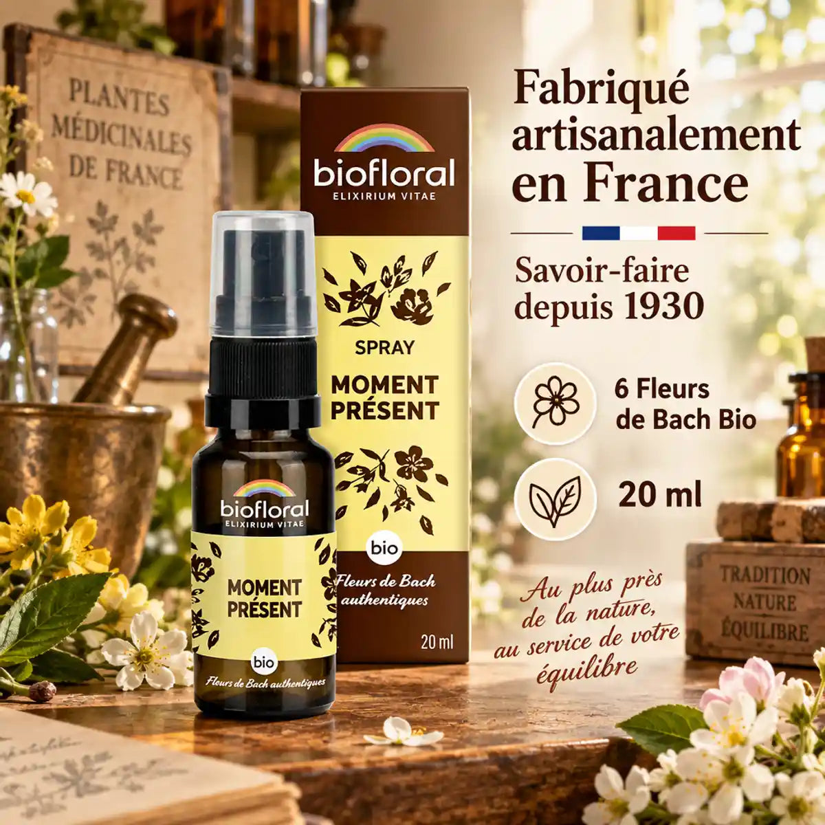 Spray Moment Présent Biofloral 20ml Fleurs de Bach bio en bouteille verre avec emballage artisanal français
