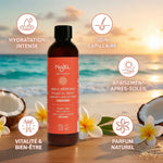 Monoï de Tahiti Najel 125ml avec bénéfices hydratation et soin capillaire sur fond tropical