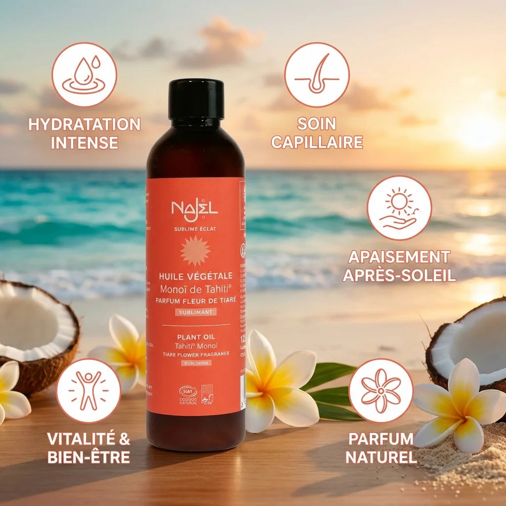 Monoï de Tahiti Najel 125ml avec bénéfices hydratation et soin capillaire sur fond tropical