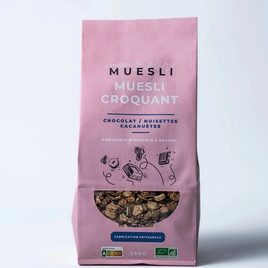 Un sachet de muesli de 350g au chocolat, noisettes et cacahuètes de la marque monsieur muesli.