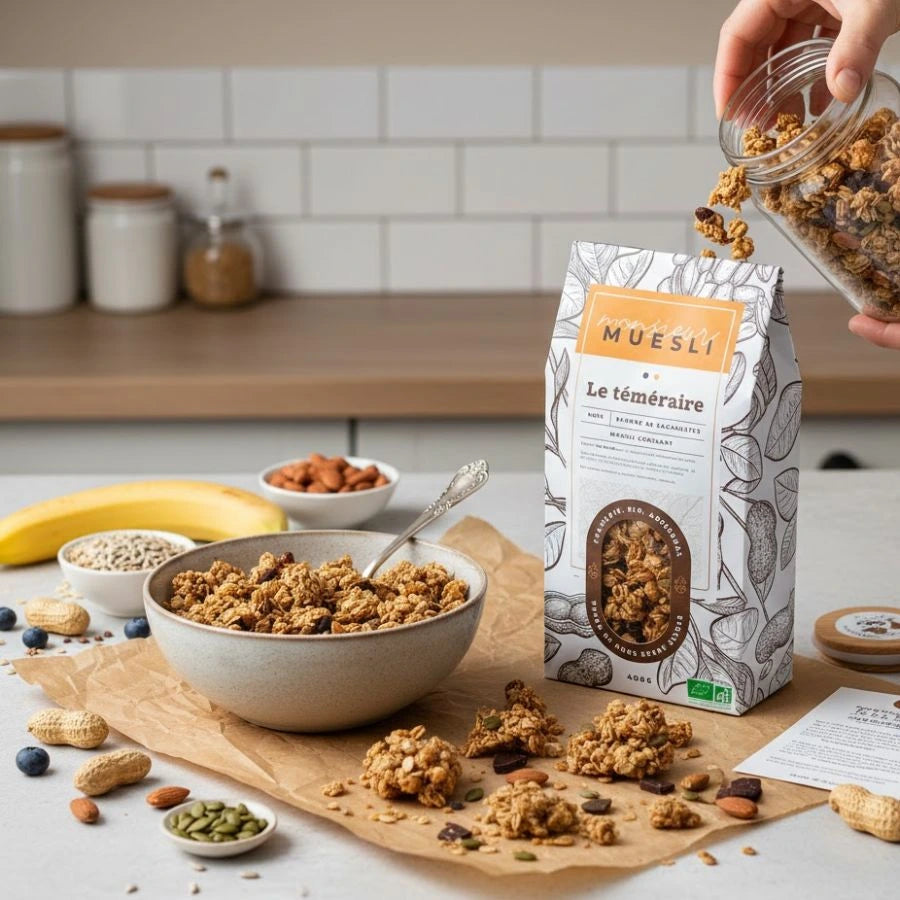 Des céréales muesli Noix et Beurre de Cacahuète Bio dans un bol avec le sachet de 400g  de la marque Monsieur Muesli à côté.
