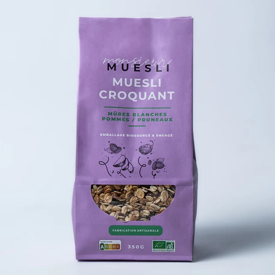 Un sachet de muesli multifruits Bio de 350g de la marque Monsieur Muesli.