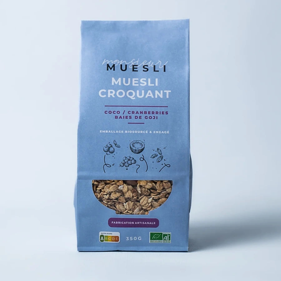 un sachet de 350g de muesli croquant de la marque monsieur muesli