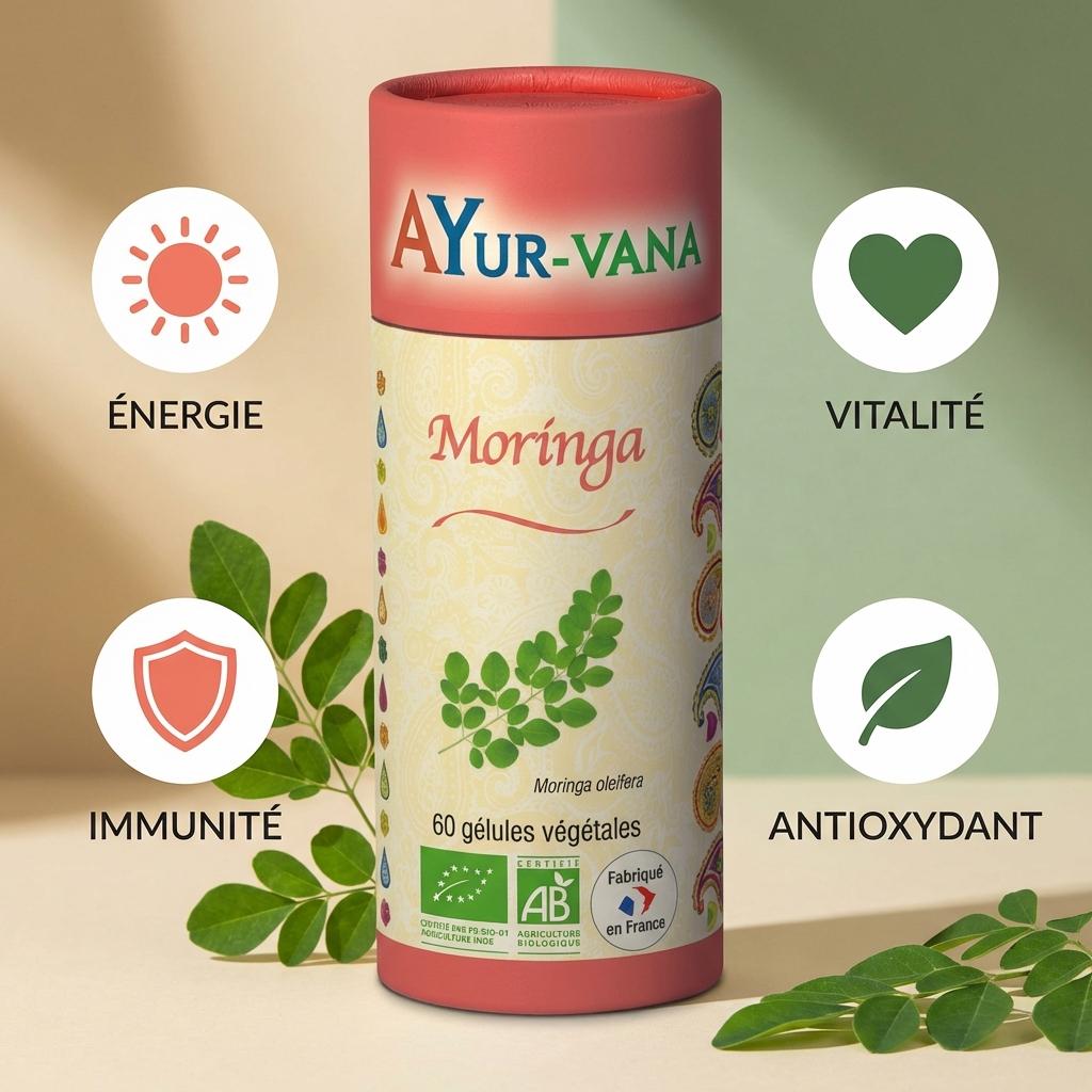 Moringa Bio 60 gélules Ayur-Vana avec bénéfices énergie, vitalité, immunité et antioxydant