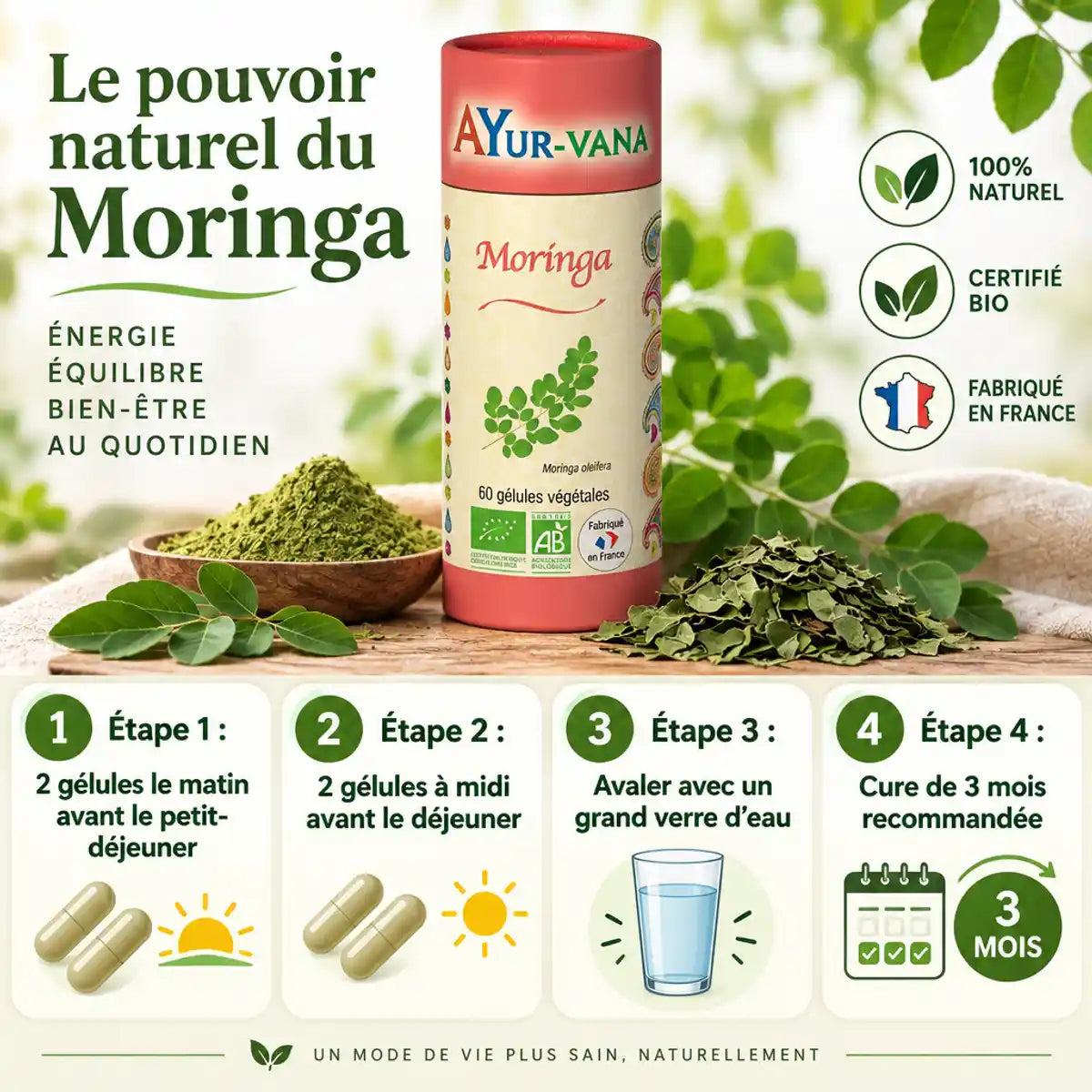 Moringa Bio 60 gélules Ayur-Vana avec feuilles fraîches et instructions de dosage