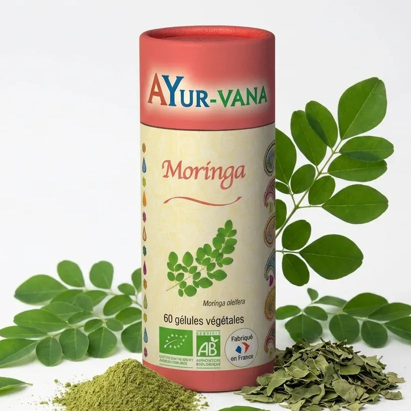 Moringa Bio 60 gélules Ayur-Vana avec feuilles fraîches et certifications biologiques