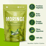 Moringa poudre Iswari 125g avec infographie des bénéfices: protéines, fer, énergie et fibres bio