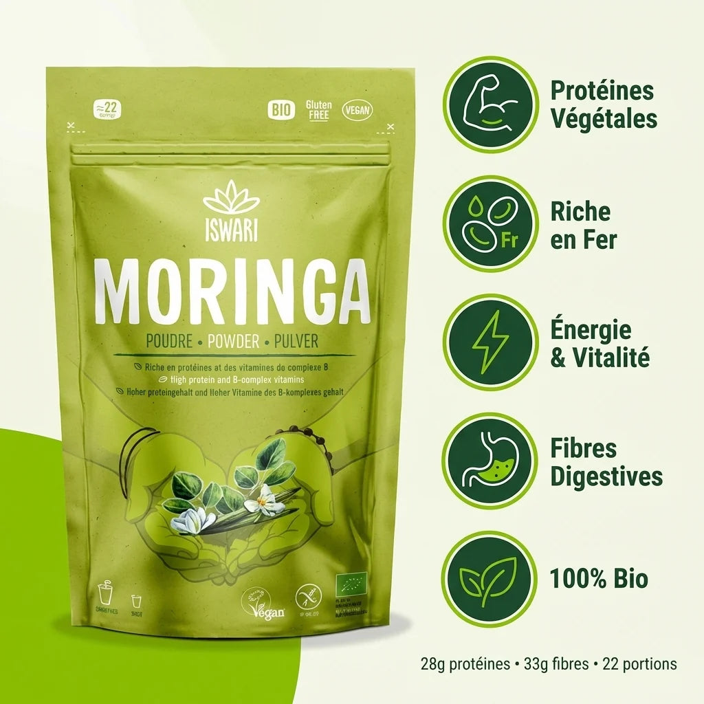 Moringa poudre Iswari 125g avec infographie des bénéfices: protéines, fer, énergie et fibres bio